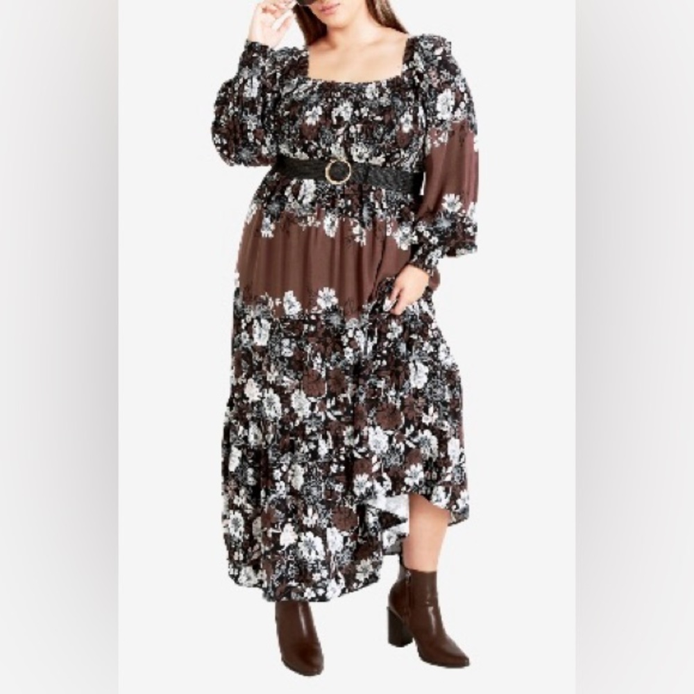 Avenue Brown and White Floral Long Sleeve Dress